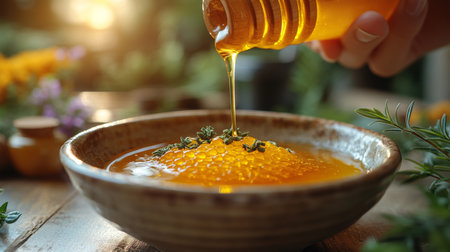Pouring golden honey into a bowl garnished with fresh herbs in a sunlit kitchen setting during the afternoon. Generative AIの素材