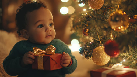 A joyful baby sitting by decorated Christmas tree holding a gift during the holiday seasonの素材