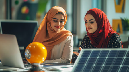Two women engaged in a discussion over a project in modern workspace during daylight hoursの素材
