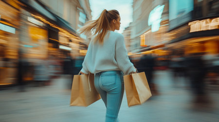 A woman in sweater briskly walking through busy shopping street carrying brown paper bagsの素材