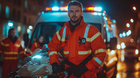 Emergency medical technician stands ready beside an ambulance at night during a busy urban response to a medical emergency. Generative AIの素材