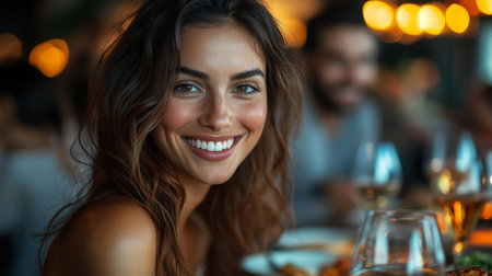 A woman with a radiant smile enjoying dinner with friends at a cozy restaurant setting in the evening. Generative AIの素材