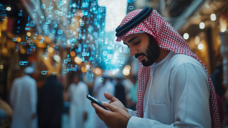 A man in traditional attire checks smartphone in bustling marketplace during the eveningの素材