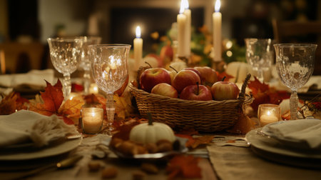 A cozy autumn dinner table with candles, apples, and festive decorationsの素材