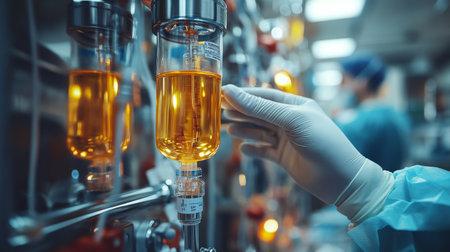 Medical professional administering intravenous therapy in a clinical setting during a surgical procedure. Generative AIの素材