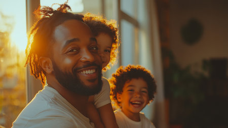 A joyful father shares a warm moment with his two children during sunset in their cozy living room. Generative AIの素材