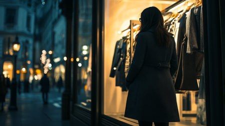 A woman gazes at clothing displays in a chic boutique during a city evening strollの素材