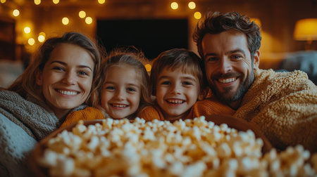 A family enjoying a cozy movie night together with popcorn surrounded by warm lights and joyful laughter in their living room. Generative AIの素材