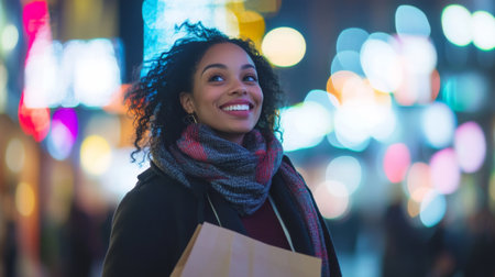 Young woman enjoying a shopping experience in a vibrant city at night with colorful lightsの素材