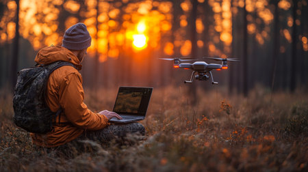 A person operates a drone using a laptop at sunset in a serene forest setting with vibrant colors and tranquility. Generative AIの素材