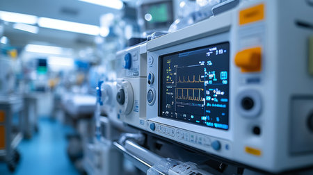Medical monitoring equipment in a hospital with vital signs displayed during a patient care routine. Generative AIの素材