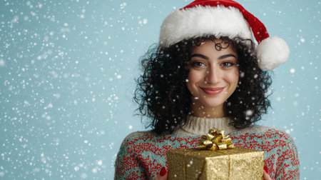 Cheerful woman wearing Santa hat holds gift with snowflakes falling in a festive settingの素材