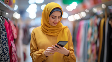 Young woman in a yellow hijab browsing on her smartphone in a vibrant clothing storeの素材