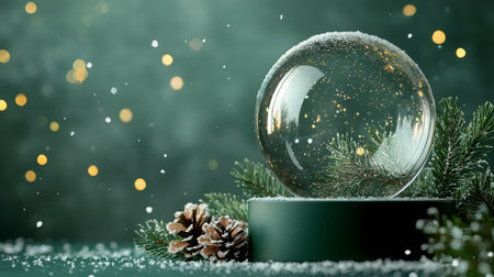A snow globe sits on a green surface with snow and pine branches around itの素材