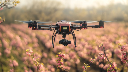 A drone captures stunning aerial views over a blooming orchard during springtime in a rural landscape. Generative AIの素材
