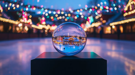 A crystal ball captures the festive spirit of holiday market at dusk with colorful lightsの素材
