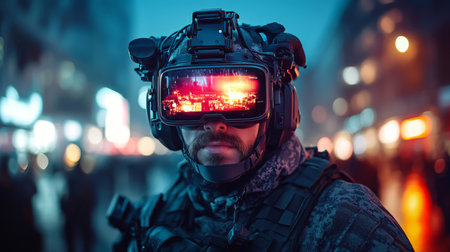 Soldier wearing advanced augmented reality goggles in a city at night, surrounded by neon lights and bustling atmosphere. Generative AIの素材