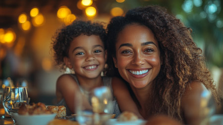 A joyful mother and daughter share smiles during a cozy evening dinner amidst warm, glowing lights at a charming restaurant. Generative AIの素材