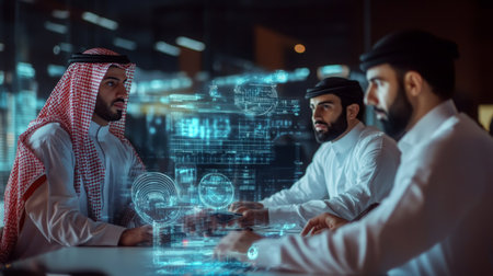 Professionals discussing digital tech advances at a nighttime urban office meetingの素材