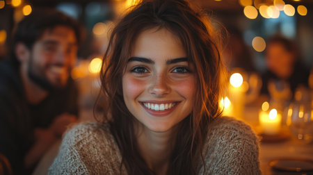 A woman smiles warmly at a cozy dinner table adorned with candles and soft lighting, creating an inviting atmosphere. Generative AIの素材