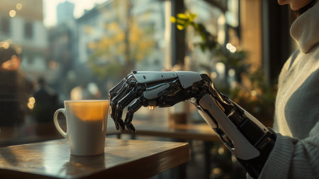 A person enjoys coffee while using a robotic arm in a cozy cafe setting on a sunny dayの素材
