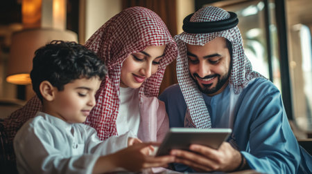 Joyful family enjoying quality time while using a tablet together in a cozy cafe settingの素材