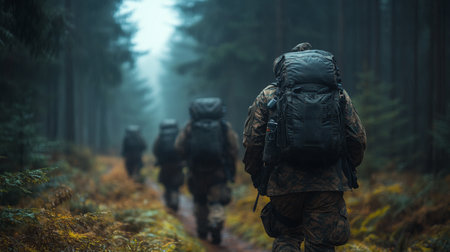 Soldiers hike through a dense forest during a military training exercise in early morning light. Generative AIの素材