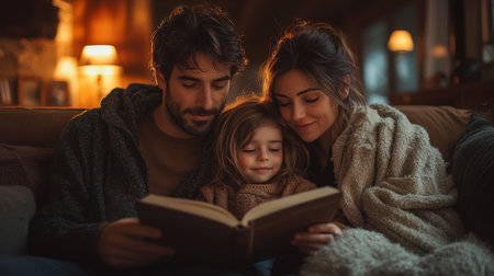 A cozy family reading together by the fireplace on a chilly evening in a warm, inviting living room full of soft light. Generative AIの素材