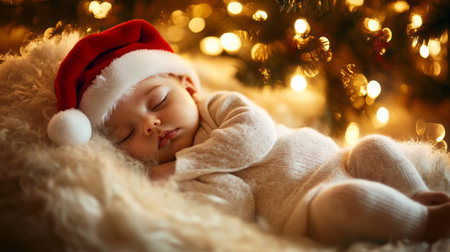 A peaceful baby in a Christmas hat sleeping near a beautifully decorated tree at nightの素材