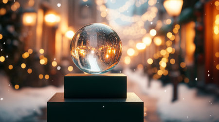 A crystal ball reflects holiday lights on a snowy street during winter festivitiesの素材