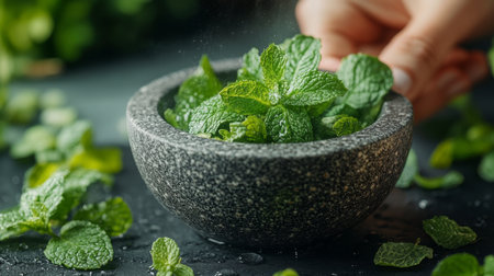 Fresh mint leaves being prepared in a stone bowl on a kitchen counter surrounded by additional sprigs of mint. Generative AIの素材