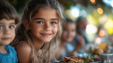 A joyful girl smiles while enjoying a summer dinner with friends in a warm outdoor setting during golden hour. Generative AIの素材