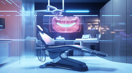 Modern dental clinic with advanced technology and chair for patient treatment at nighttimeの素材