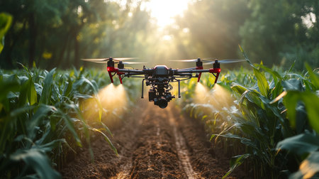 Drone spraying crops in a sunlit field during late afternoon, showcasing modern agricultural practices for improved yield. Generative AIの素材