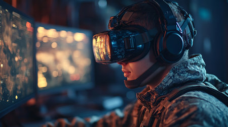Soldier using virtual reality technology for training in a high-tech environment during evening hours. Generative AIの素材
