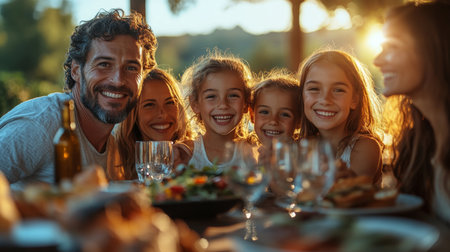 A joyful family gathering at sunset enjoying a meal outdoors with children laughing and sharing moments of happiness. Generative AIの素材