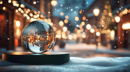 A crystal ball reflecting a snowy street adorned with holiday lights during winter eveningの素材