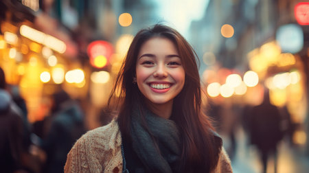 Young asian woman smiles warmly while strolling through a vibrant city street at duskの素材