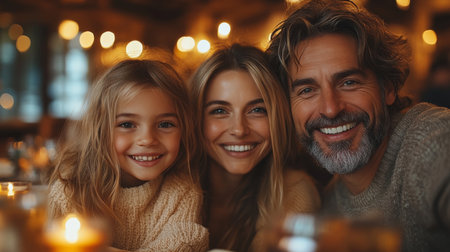 A joyful evening family portrait captured inside a cozy restaurant, glowing with warm lights and laughter. Generative AIの素材