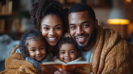 Family enjoys a cozy reading session together in a warmly lit living room during a leisurely evening at home. Generative AIの素材