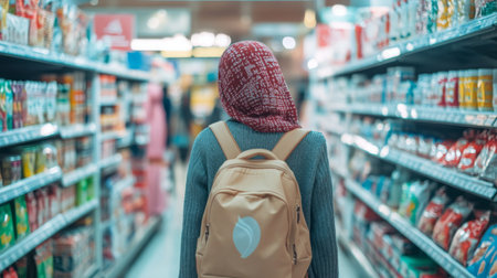A person in a red headscarf browses grocery aisles in a busy supermarket during the dayの素材
