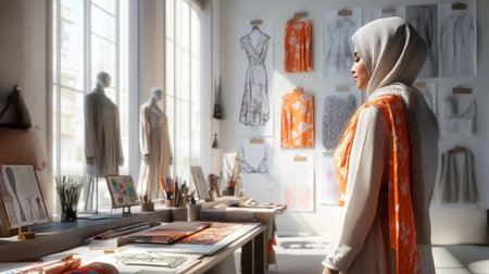 Fashion designer in a vibrant studio surrounded by sketches and designs during daylightの素材