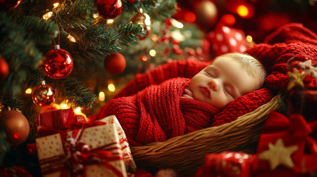 A cozy infant sleeping peacefully under a beautifully decorated Christmas treeの素材
