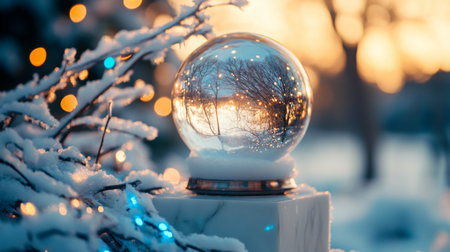 A captivating winter scene in snow globe showcasing trees with twinkling lights at sunsetの素材