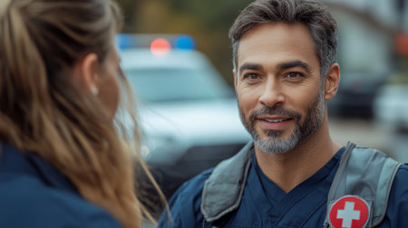 Emergency responders discuss a rescue on a city street at dusk, with flashing lights in the background. Generative AIの素材