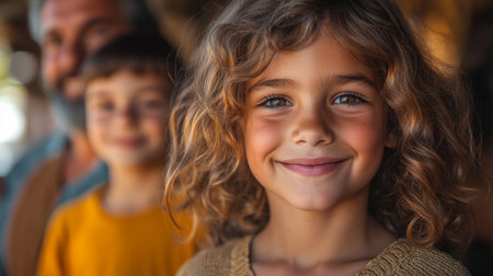 Young girl smiling joyfully in a warm outdoor setting with two other children in the background, capturing a moment of happiness. Generative AIの素材
