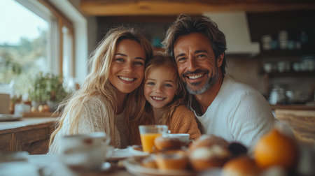A joyful family enjoying breakfast together in a cozy kitchen filled with sunlight and delicious morning treats. Generative AIの素材