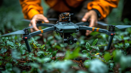 A person operates a drone amidst lush greenery in a forest during early morning hours. Generative AIの素材