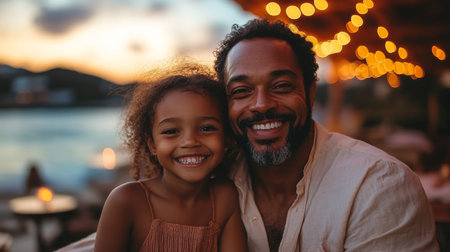 Father and daughter joyfully smiling together at sunset with string lights in a cozy outdoor setting by the waters edge. Generative AIの素材