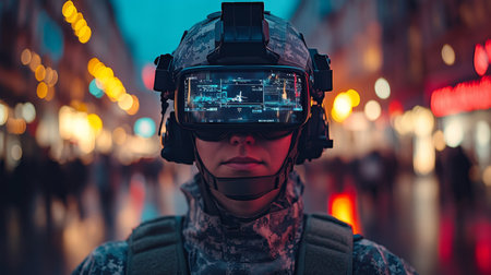 Soldier wearing advanced augmented reality headset in urban environment during twilight, showcasing modern military technology. Generative AIの素材